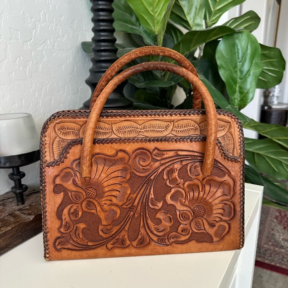 Vintage Leather Tooled Floral Embossed Satchel